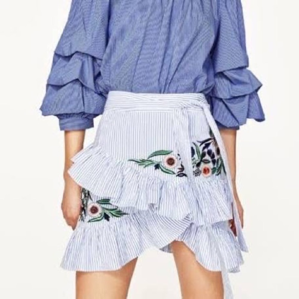 Zara Blue and White Embroidered Skirt